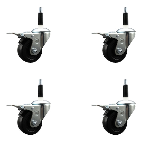 3'' Hard Rubber Swivel 7/8'' Expanding Stem Caster Set Total Lock Brake, 4PK